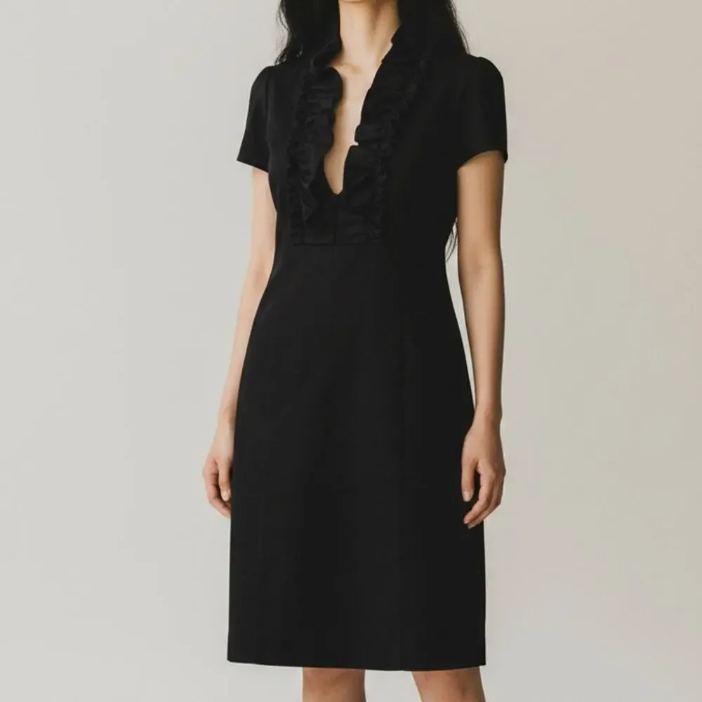 J. Crew Madeline Ruffle Collar Wool Short Sleeve Dress Pockets Side Zip 2 Black